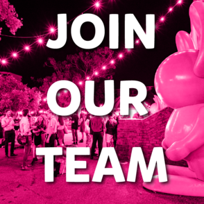 Pink overlayed image text: Festival Positions Available 